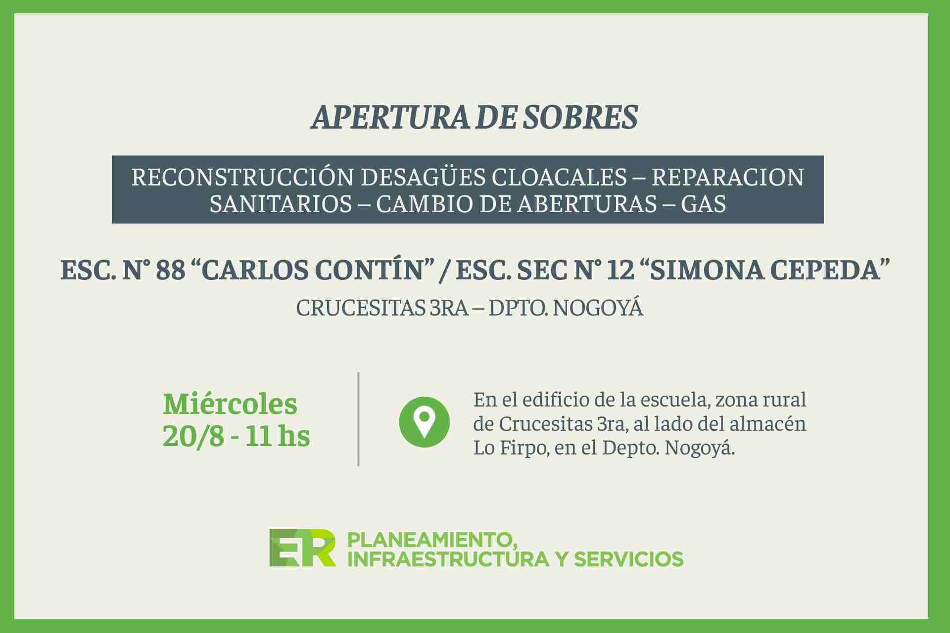 Se intervendrá la escuela N° 88 de Crucesitas Tercera en Nogoyá